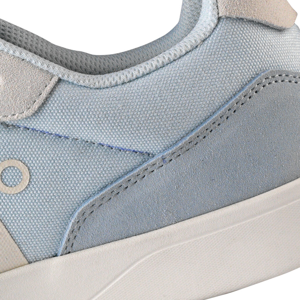 Suede toe and heel reinforcement on Arcade Light Blue mountain bike shoe